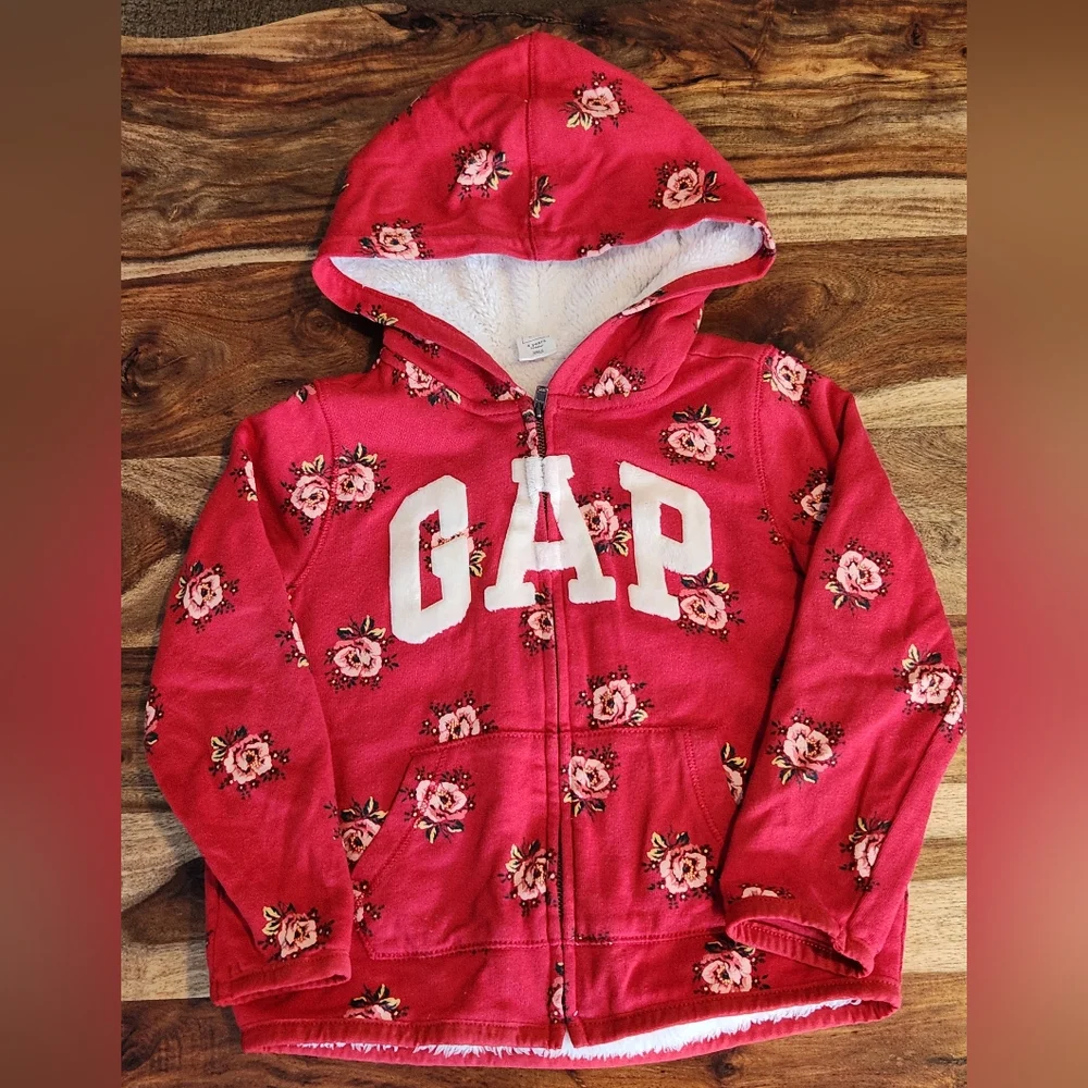 GAP Kids Red Floral Fleece Lined Zip-Up Hoodie